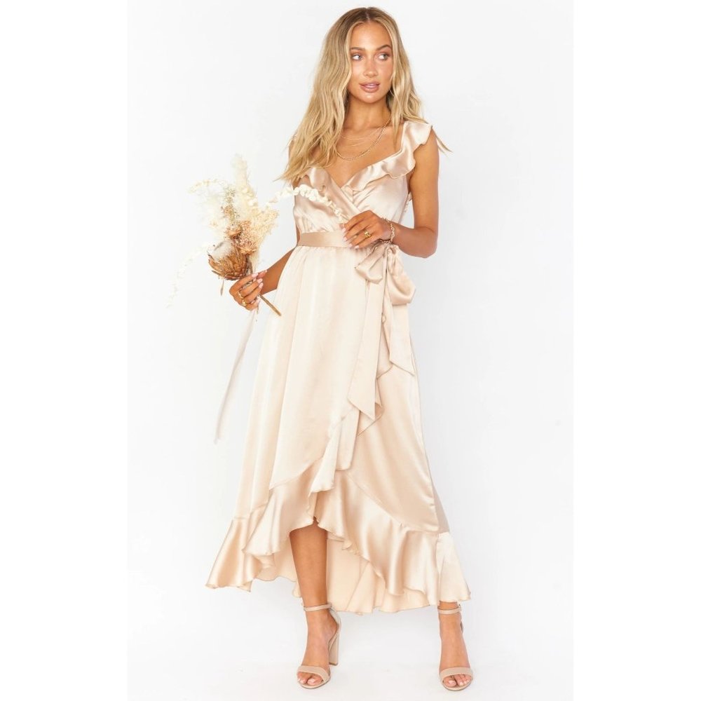 Show Me Your Mumu Samantha Ruffle Wrap Dress Champagne Luxe Satin M